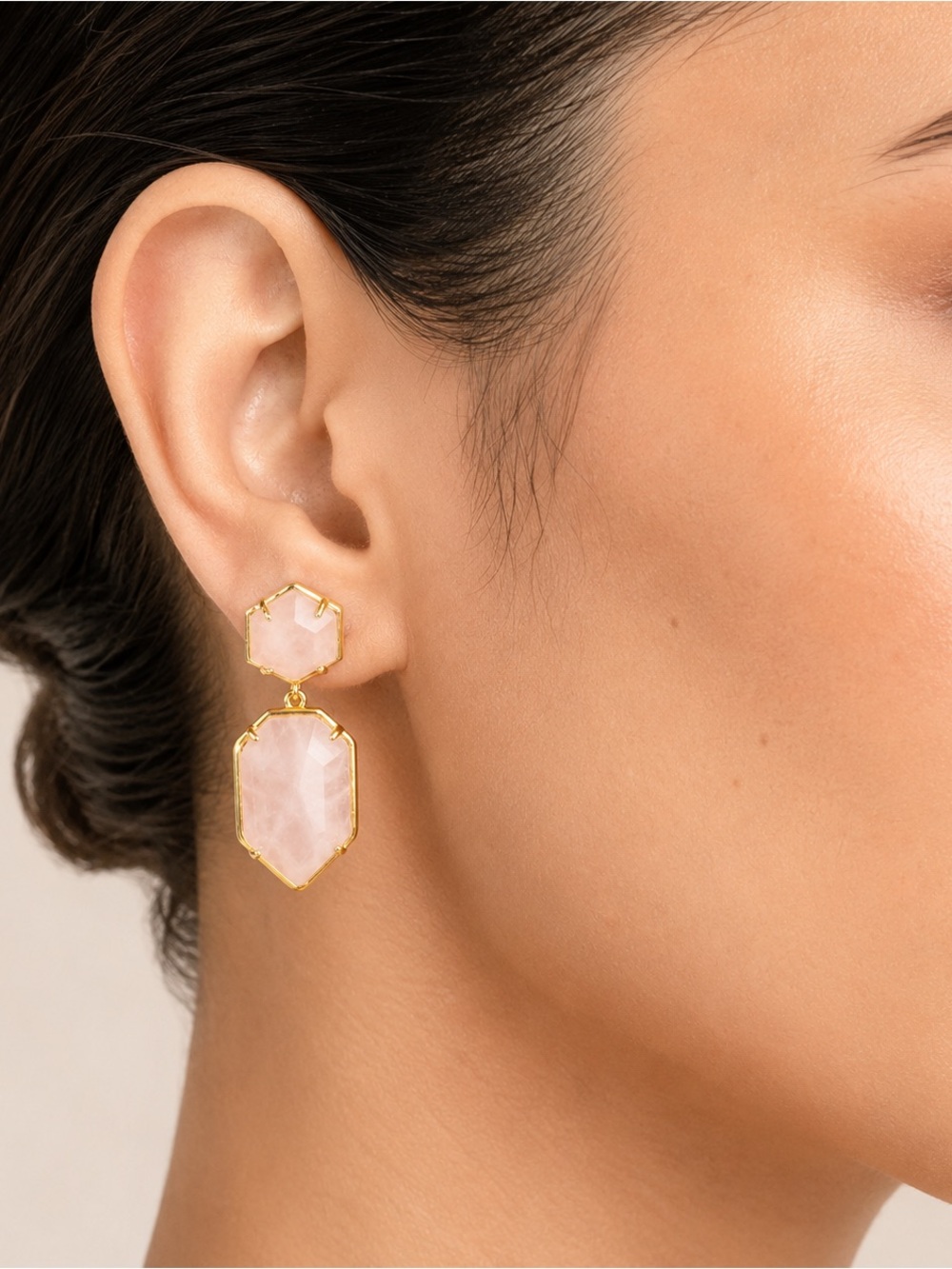 Gemstone Rose Quartz Gold-toned Dangle Earrings, Bohemian Style Jewelry